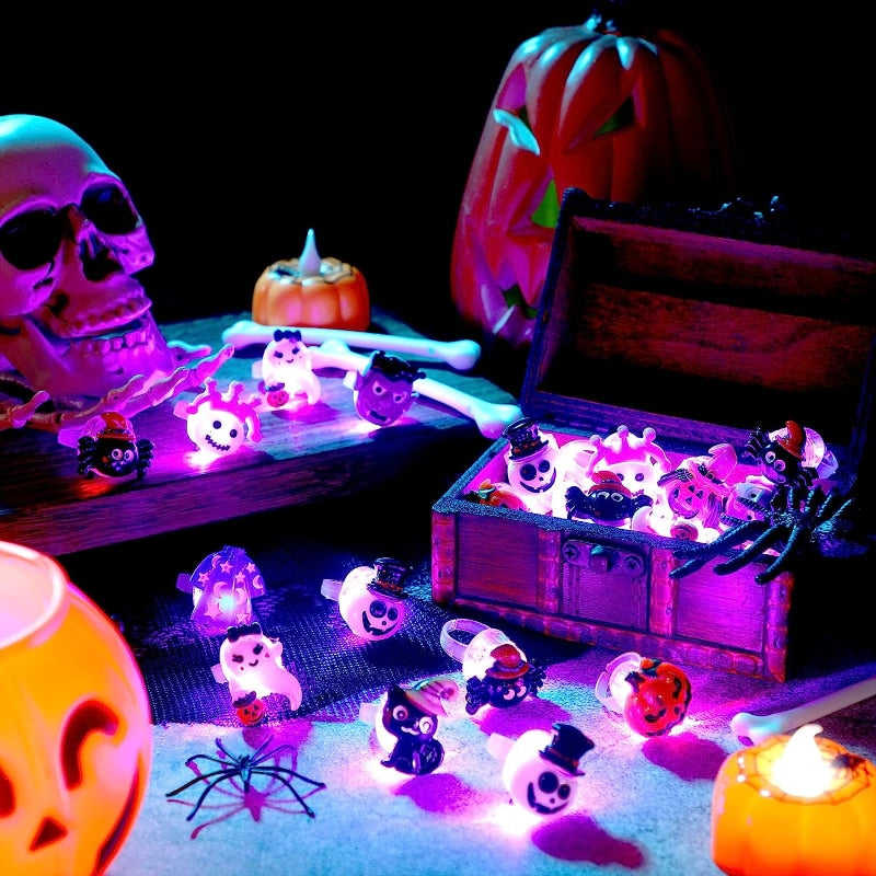 LED Halloween Rings - Glowing Pumpkin Ghost Skull Finger Rings for Party Decorations