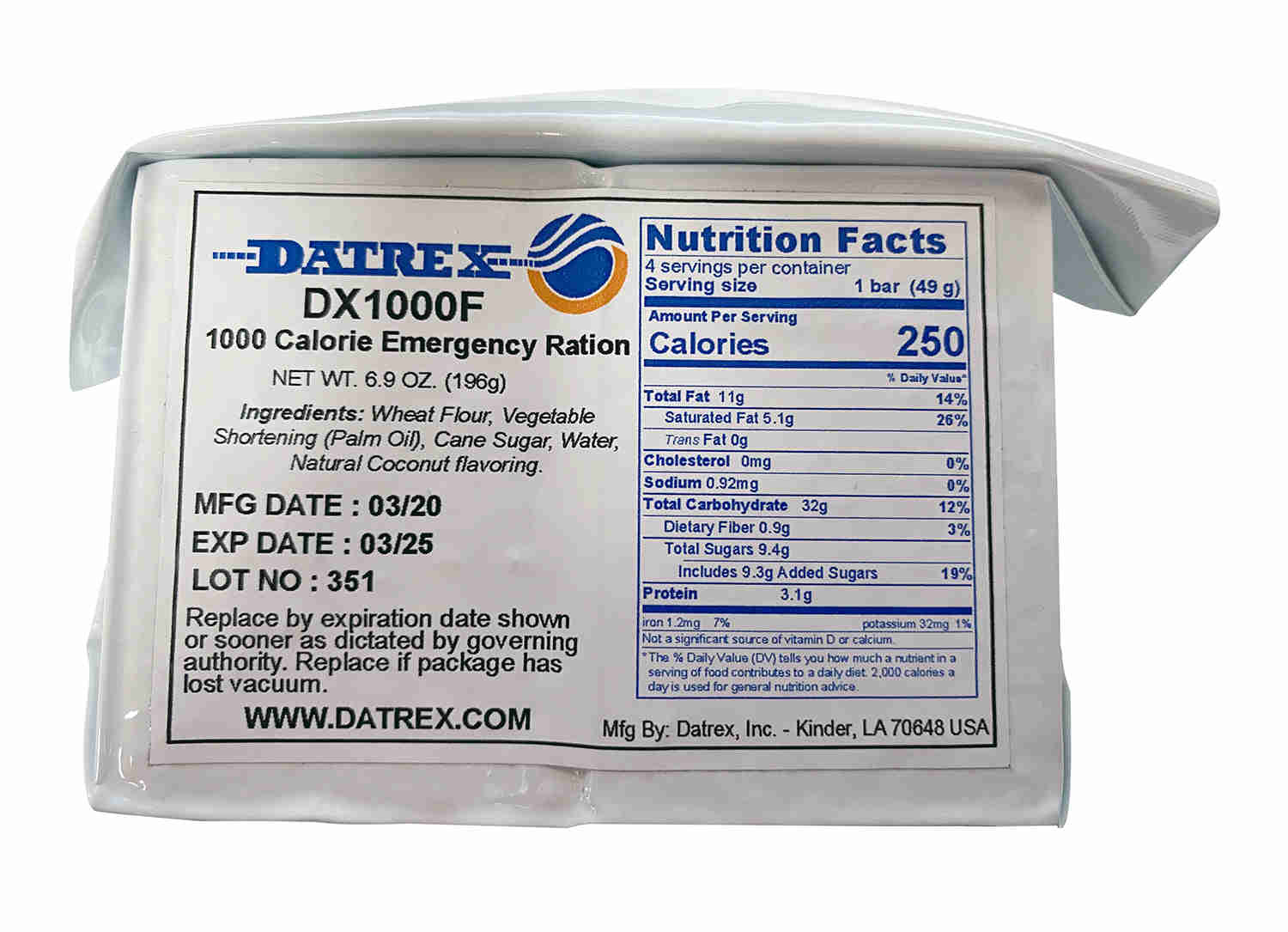 Datrex Aviation 1,000 Cal Emergency Food Ration - 5-Year Shelf Life, High Energy